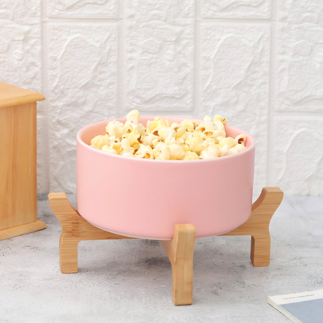 Ceramic Pink Serving Bowl With Wooden Stand