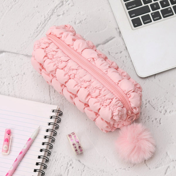 Fluffy Pencil Pouch With Cute Pompom Chain