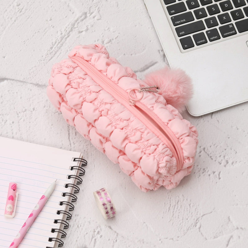 Fluffy Pencil Pouch With Cute Pompom Chain