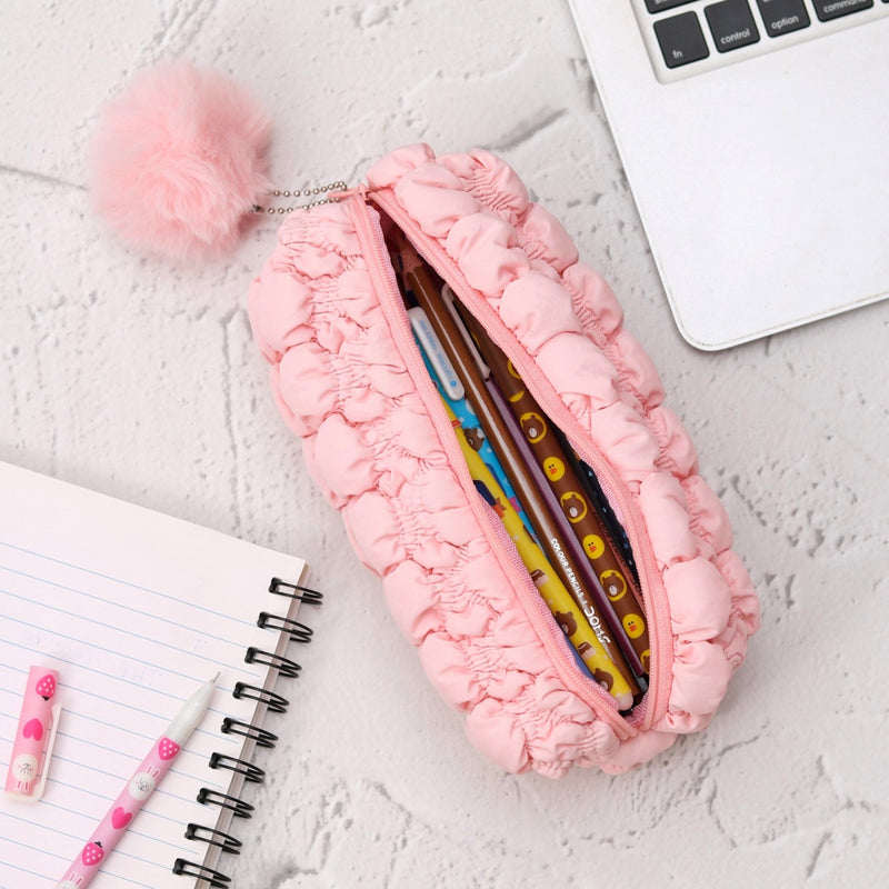 Fluffy Pencil Pouch With Cute Pompom Chain