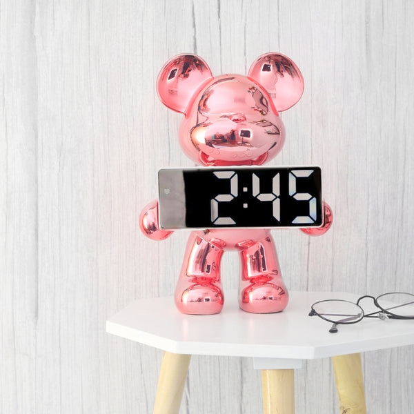 Metallic Bear Sculpture with Digital Clock