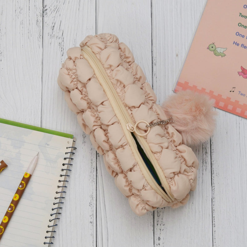 Fluffy Pencil Pouch With Cute Pompom Chain