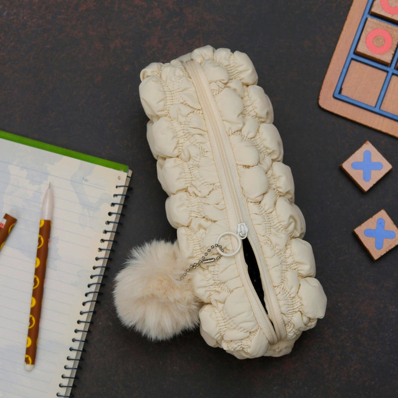 Fluffy Pencil Pouch With Cute Pompom Chain