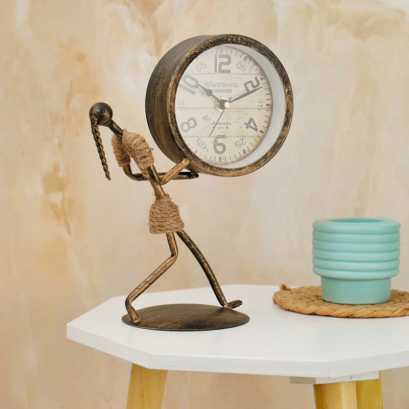 Antique Metal Girl Sculpture with Holding Table clock