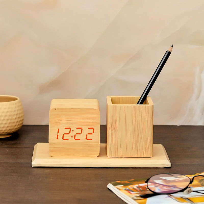 Wooden Digital Clock with Pen Holder