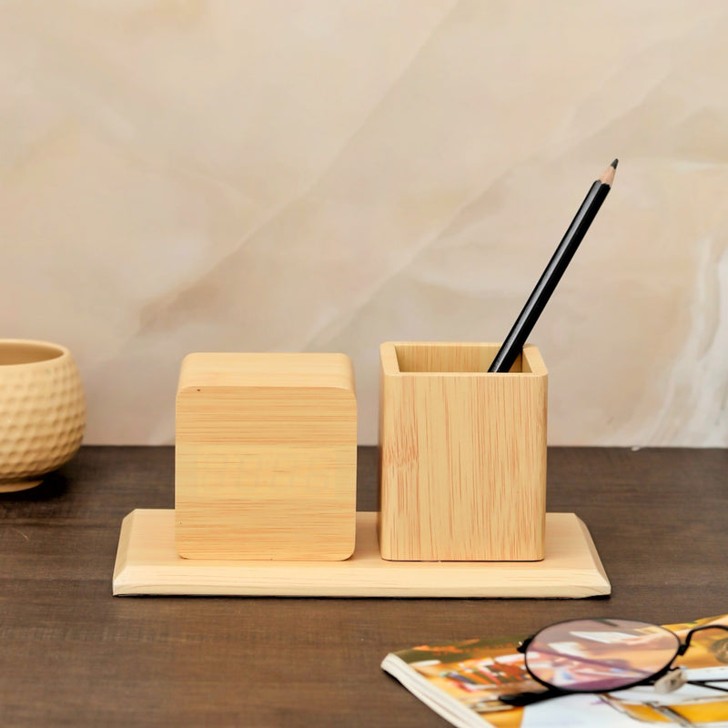 Wooden Digital Clock with Pen Holder