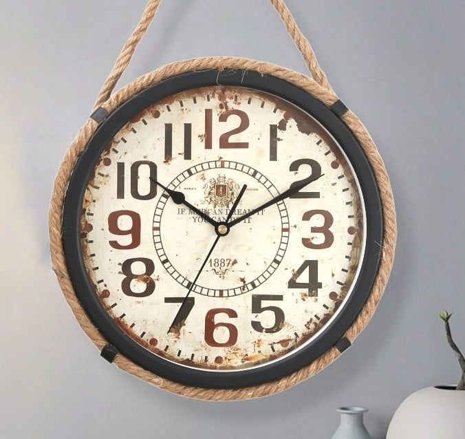 Round Antique Wall Clock with Hanging Rope