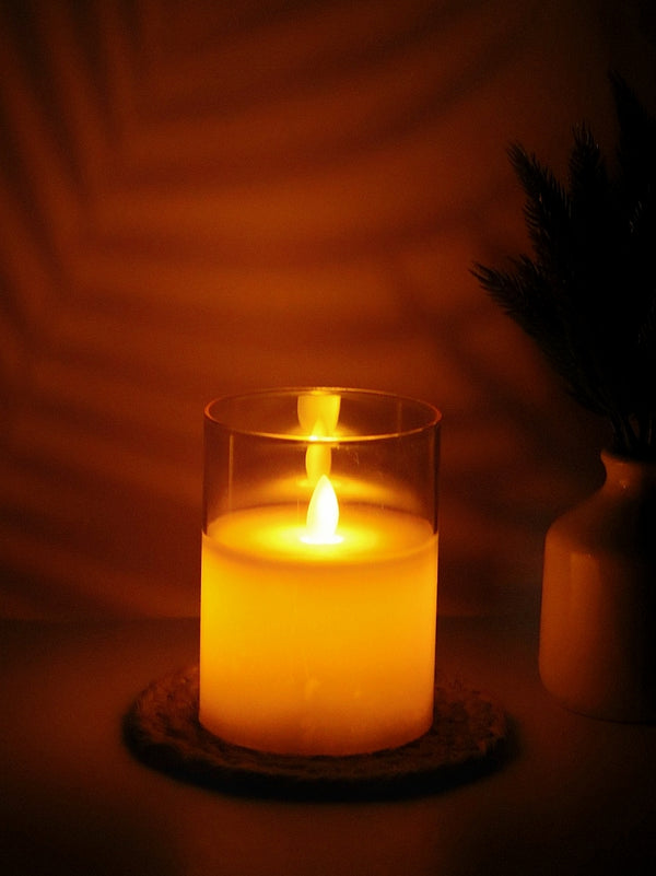 Flameless Electric LED Glass Pillar Moving Flame Effect Candle, Golden