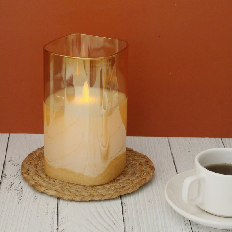 Flameless Electric LED Glass Pillar Moving Flame Effect Candle, Golden