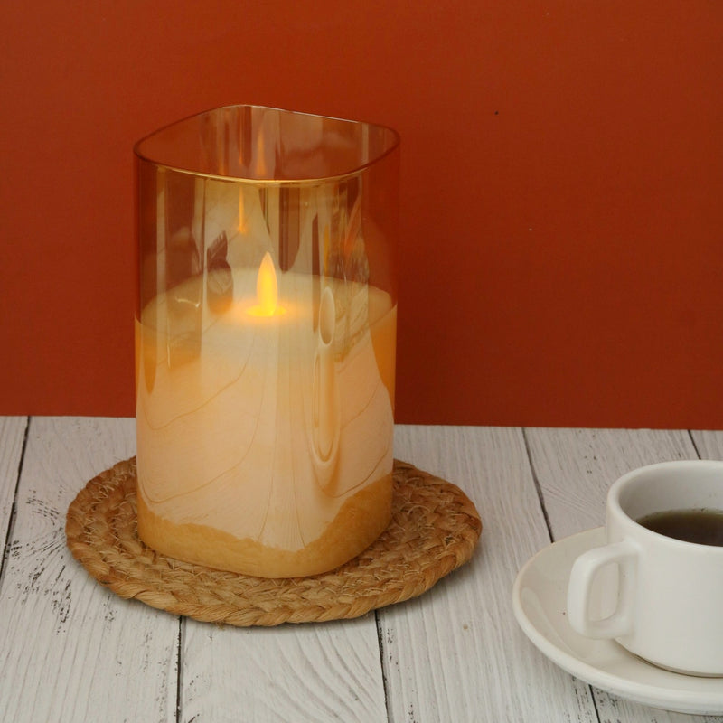 Flameless Electric LED Glass Pillar Moving Flame Effect Candle, Golden