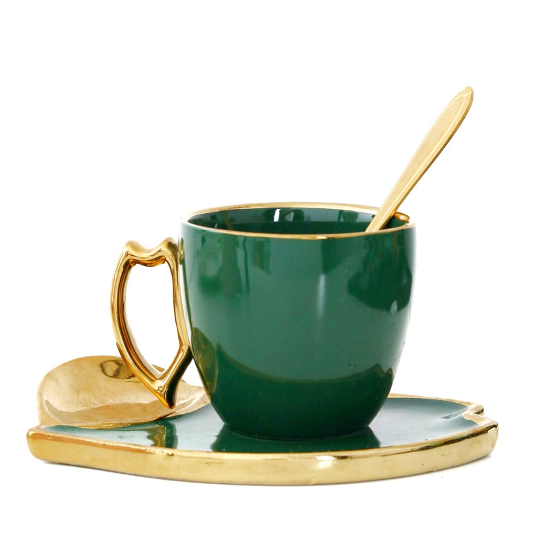 Ceramic Leaf design Bottle Green Cup and Plate Set With  Metal Spoon