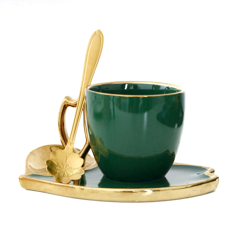 Ceramic Leaf design Bottle Green Cup and Plate Set With  Metal Spoon