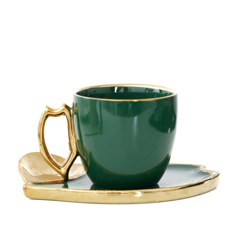 Ceramic Leaf design Bottle Green Cup and Plate Set With  Metal Spoon