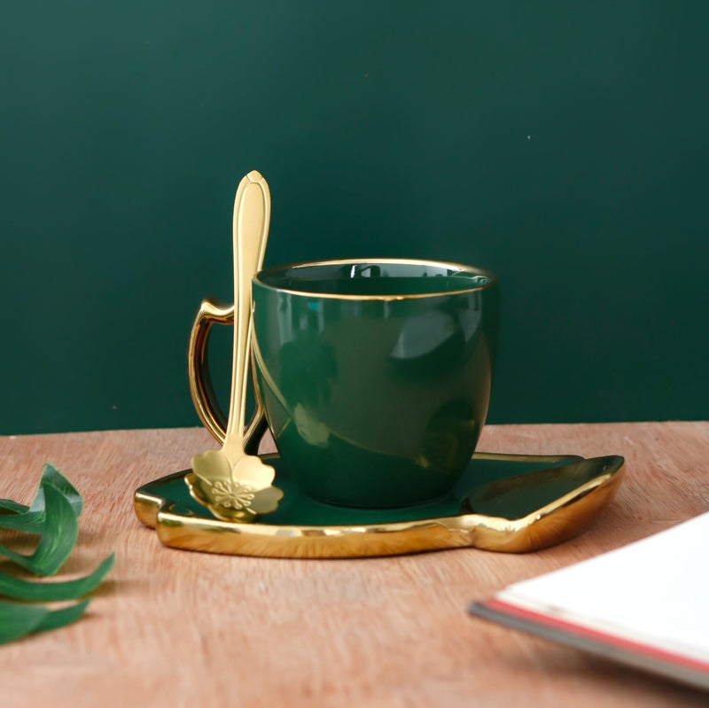 Ceramic Leaf design Bottle Green Cup and Plate Set With  Metal Spoon