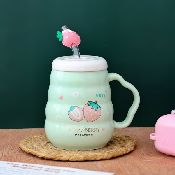 Cute Strawberry Printed Mug With Straw and Strawberry motif