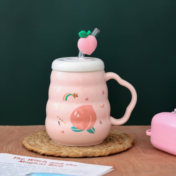 Cute Peach Printed Mug With Straw and Peach motif