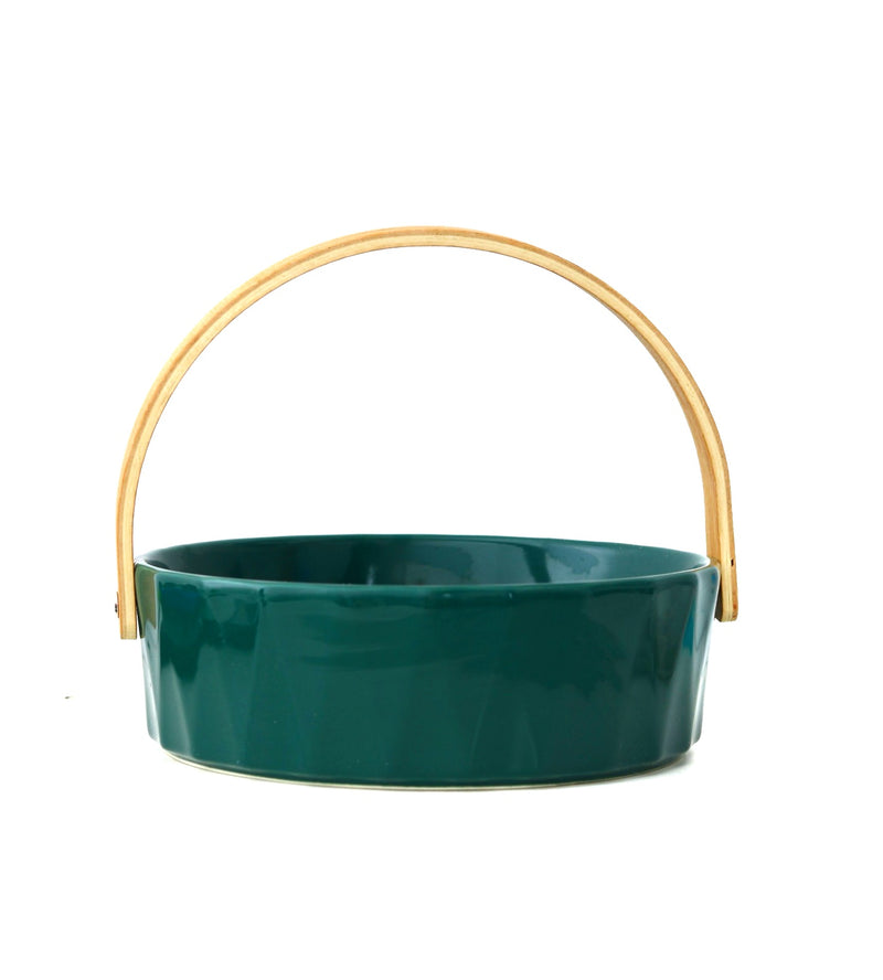 Ceramic Round Green Fruit Basket With a Wooden handle