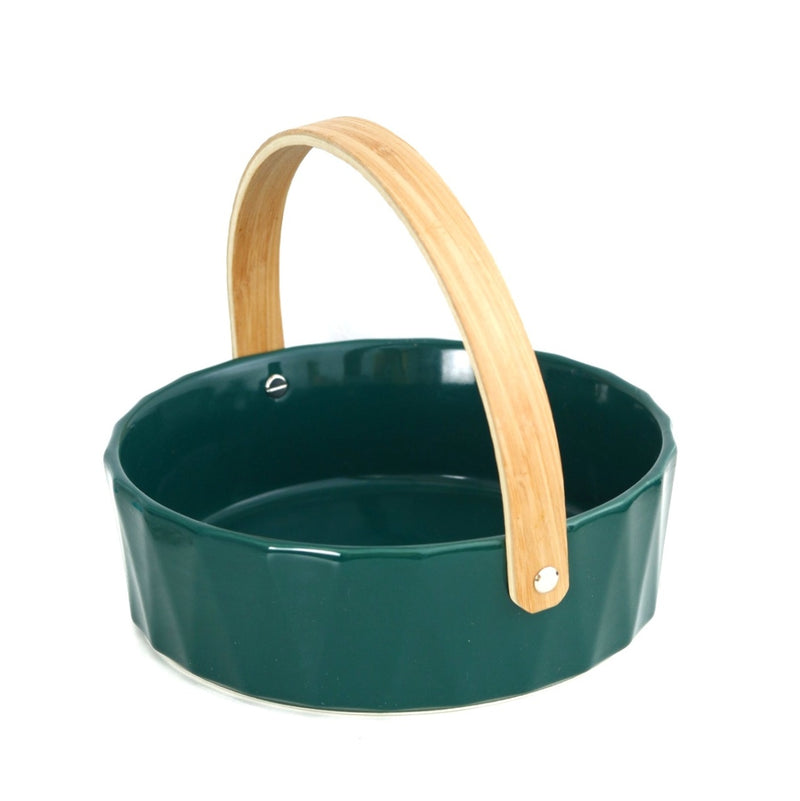 Ceramic Round Green Fruit Basket With a Wooden handle