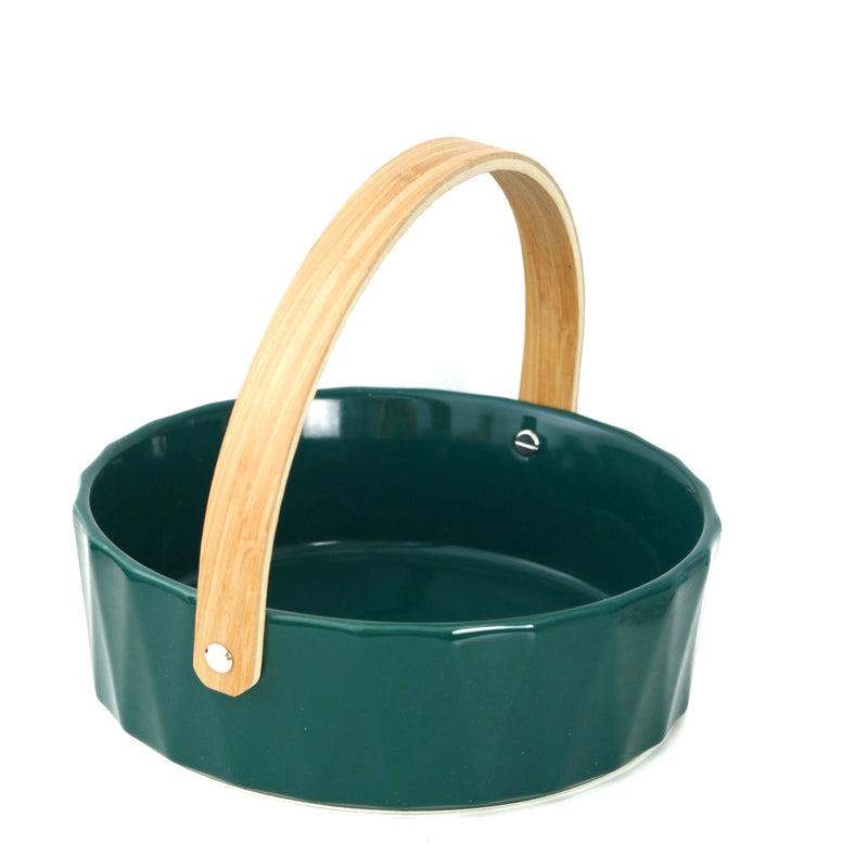 Ceramic Round Green Fruit Basket With a Wooden handle