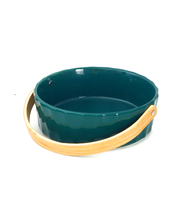 Ceramic Round Green Fruit Basket With a Wooden handle