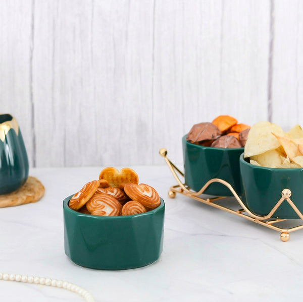 Ceramic Green Bowl Set With Metal Stand (set of 4)