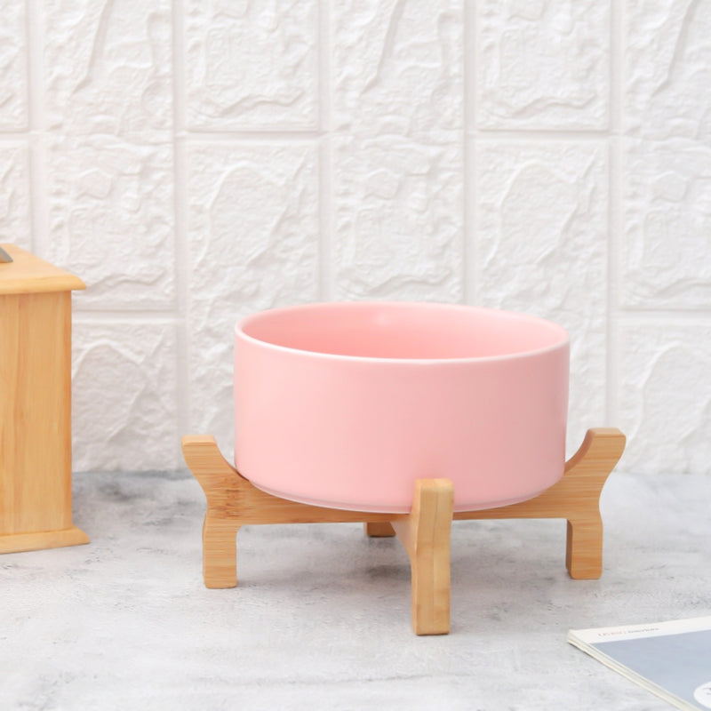 Ceramic Pink Serving Bowl With Wooden Stand