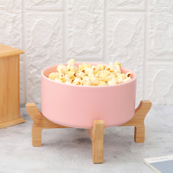 Ceramic Pink Serving Bowl With Wooden Stand