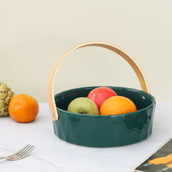 Ceramic Round Green Fruit Basket With a Wooden handle