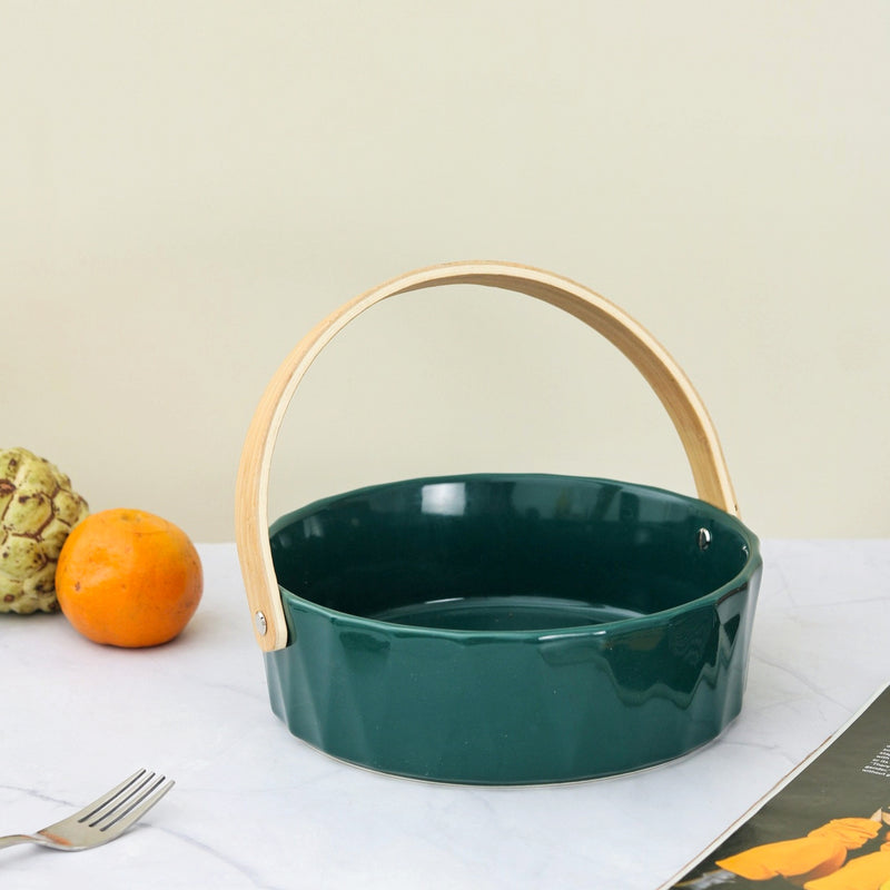 Ceramic Round Green Fruit Basket With a Wooden handle