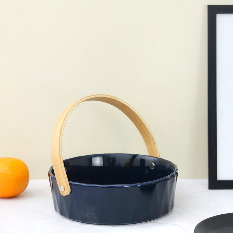 Ceramic Round Blue Fruit Basket With a Wooden handle