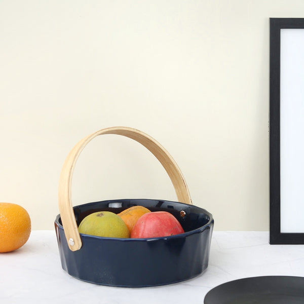 Ceramic Round Blue Fruit Basket With a Wooden handle