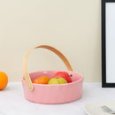 Ceramic Round Pink Fruit Basket With a Wooden handle