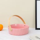 Ceramic Round Pink Fruit Basket With a Wooden handle