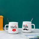 His & Her Couple Ceramic Coffee Mug Set With Lid & Silver Spoon Set of 2