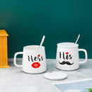 His & Her Couple Ceramic Coffee Mug Set With Lid & Silver Spoon Set of 2