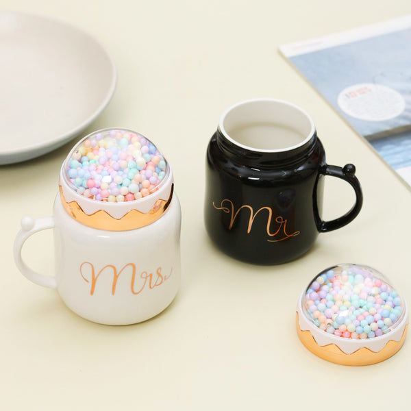 Ceramic Coffee Mug Set with Colorful Ball Lid Set of 2