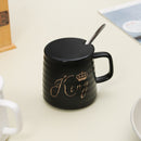 King Queen Ceramic Mug Set With Lid and Silver Spoon Set of 2