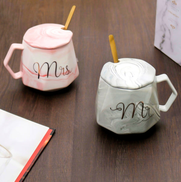Royal Marble Design Ceramic Coffee Mug With Lid & Spoon Set of 2