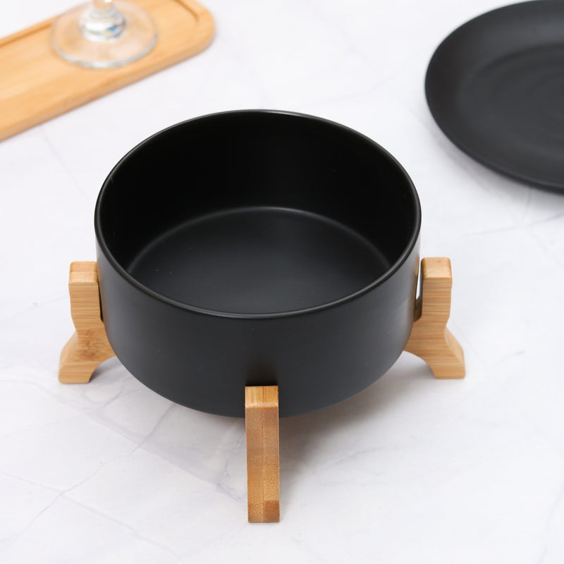 Ceramic Black Serving Bowl With Wooden Stand