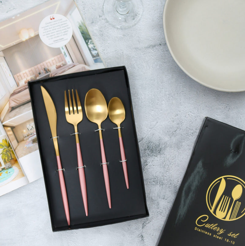 High Quality Rose Pink & Gold Metal Cutlery Set