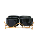 Ceramic Black Bowl Set With Metal Stand (set of 4)