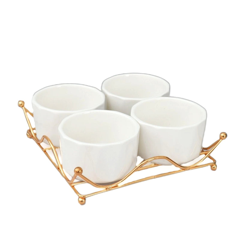 Ceramic White Bowl Set With Metal Stand (set of 4)