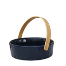 Ceramic Round Blue Fruit Basket With a Wooden handle