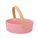 Ceramic Round Pink Fruit Basket With a Wooden handle